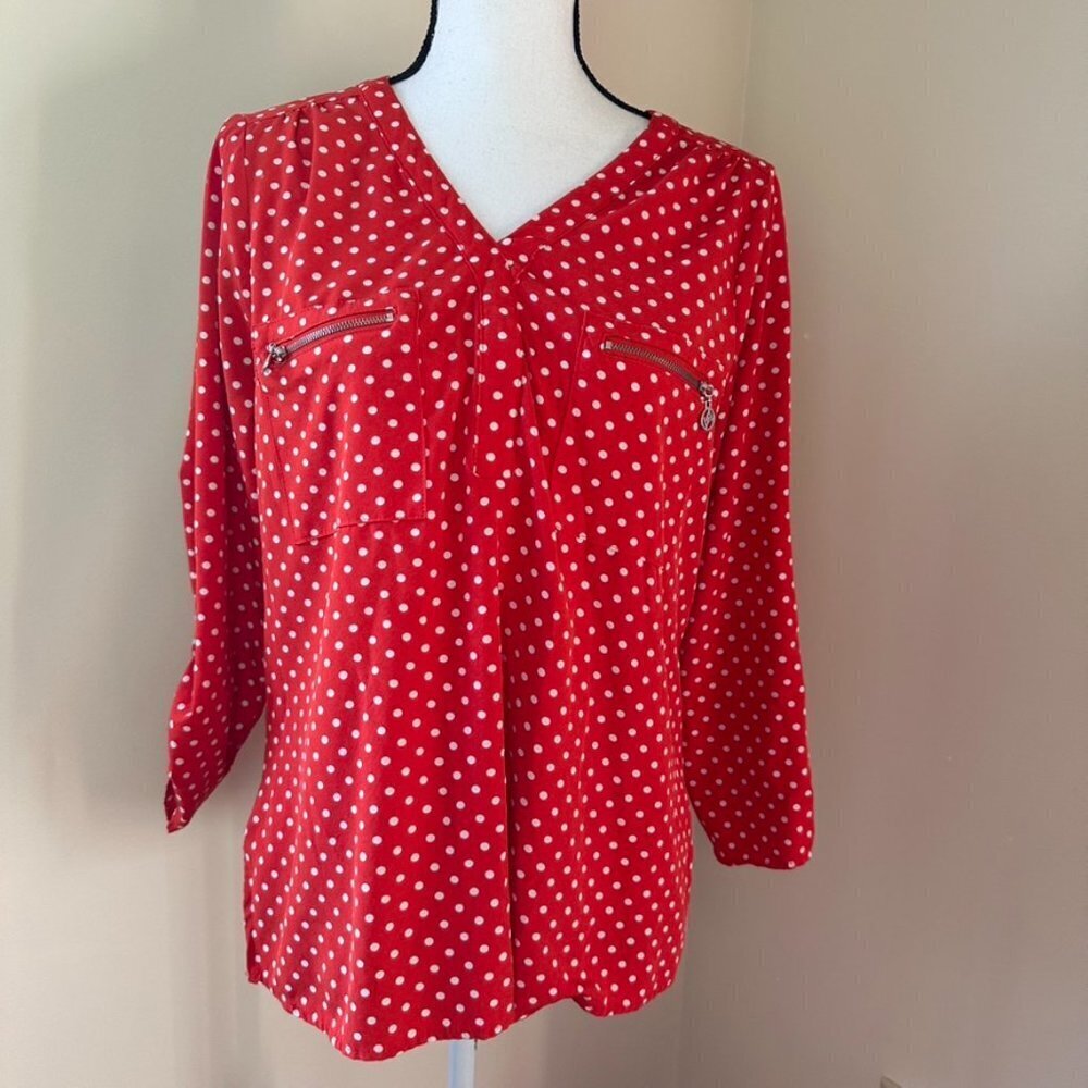 *ADRIENNE VITTADINI* Orange x White Polka Dot 3/4 Sleeve Blouse Size Medium